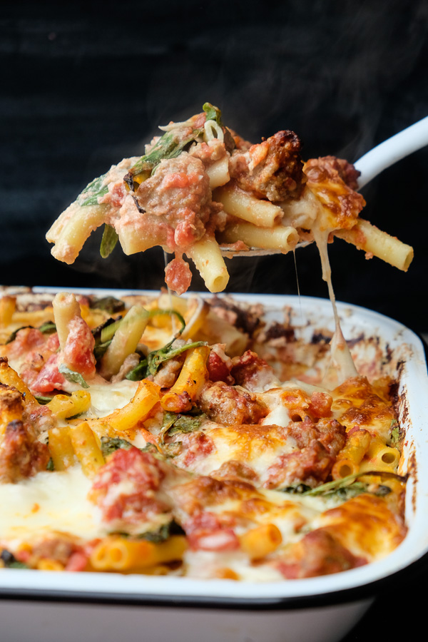 Baked Ziti with Creme Fraiche & Spinach- perfect for a crowd /weeknight dinners. Find the recipe on Shutterbean.com!