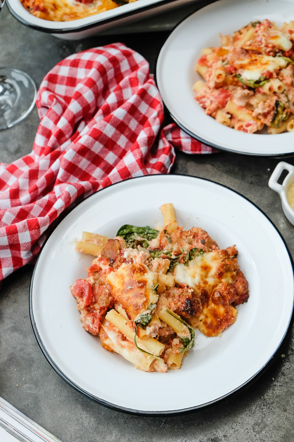 Baked Ziti with Creme Fraiche & Spinach- perfect for a crowd /weeknight dinners. Find the recipe on Shutterbean.com!