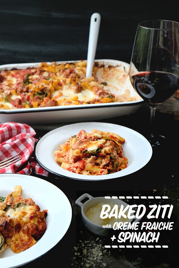 Baked Ziti with Creme Fraiche & Spinach- perfect for a crowd /weeknight dinners. Find the recipe on Shutterbean.com!