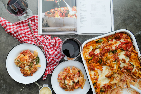 Baked Ziti with Creme Fraiche & Spinach- perfect for a crowd /weeknight dinners. Find the recipe on Shutterbean.com!