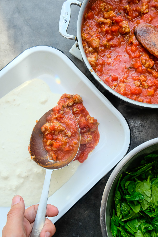 Baked Ziti with Creme Fraiche & Spinach- perfect for a crowd /weeknight dinners. Find the recipe on Shutterbean.com!