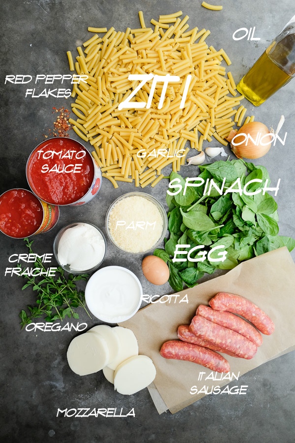 Baked Ziti with Creme Fraiche & Spinach- perfect for a crowd /weeknight dinners. Find the recipe on Shutterbean.com!