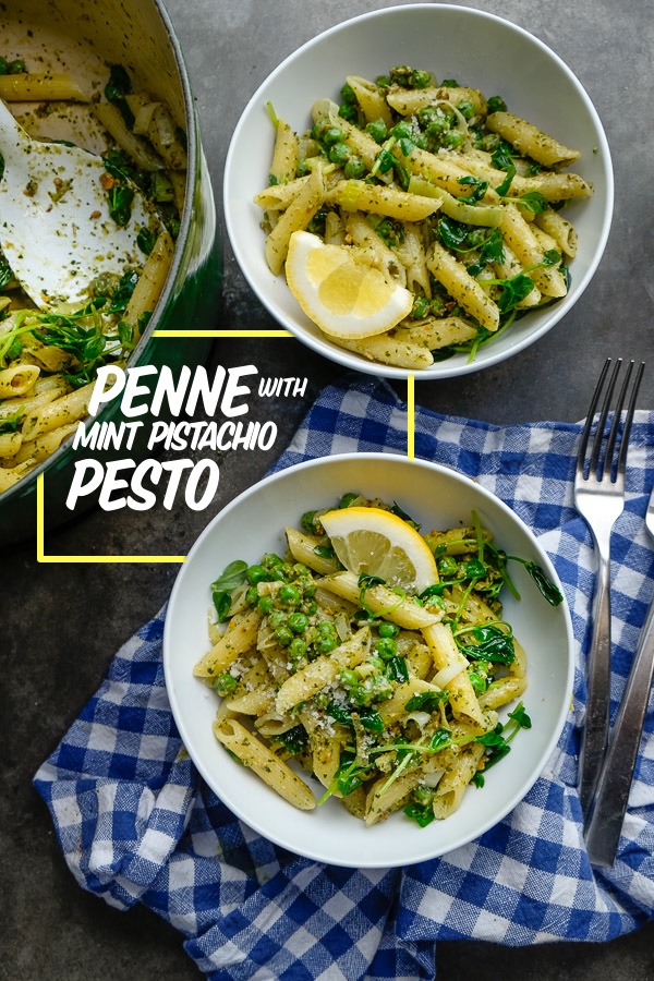 Celebrate Spring goodness with a bowl of Penne with Pistachio Mint Pesto. Find the recipe on Shutterbean.com