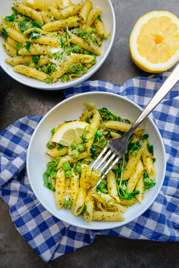 Celebrate Spring goodness with a bowl of Penne with Pistachio Mint Pesto. Find the recipe on Shutterbean.com
