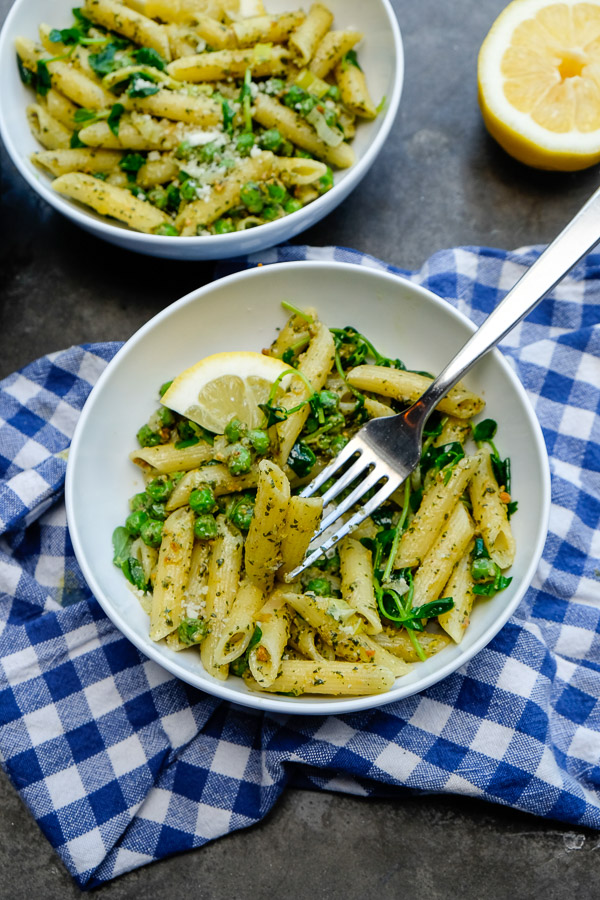 Celebrate Spring goodness with a bowl of Penne with Pistachio Mint Pesto. Find the recipe on Shutterbean.com