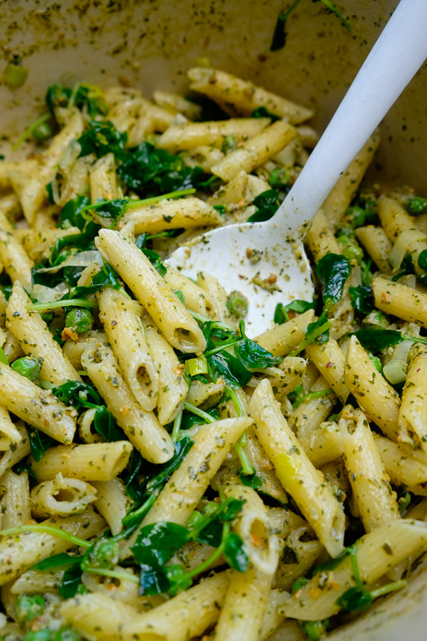 Celebrate Spring goodness with a bowl of Penne with Pistachio Mint Pesto. Find the recipe on Shutterbean.com