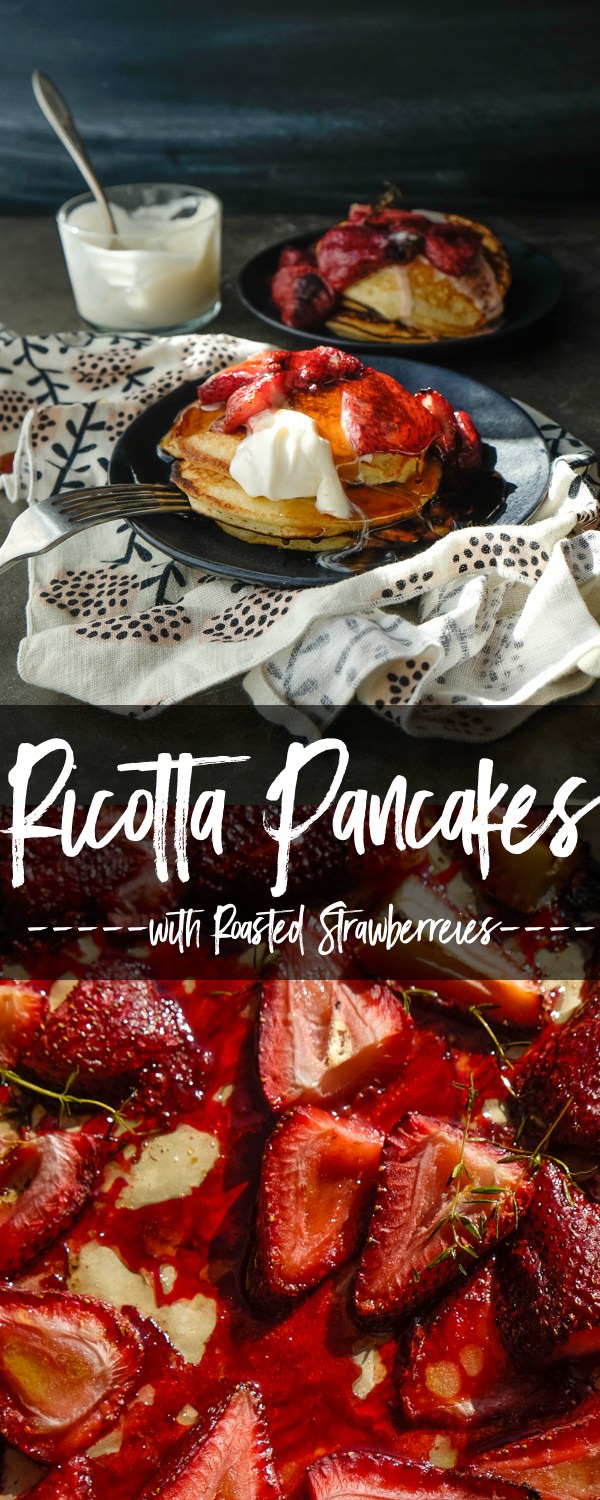 Light and Fluffy Ricotta Pancakes with Roasted Strawberries- find the recipe on Shutterbean.com! 