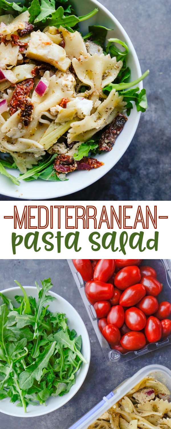 Mediterranean Pasta Salad is a weekly staple. Perfect for work lunches paired with extra greens. Find the recipe on Shutterbean.com