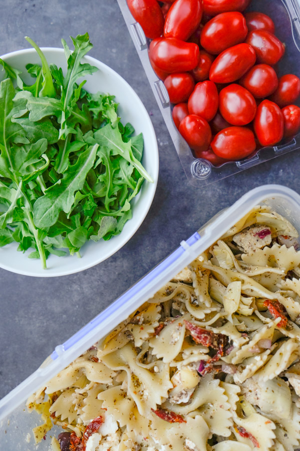 Mediterranean Pasta Salad is a weekly staple. Perfect for work lunches paired with extra greens. Find the recipe on Shutterbean.com