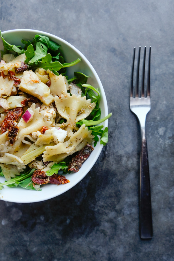 Mediterranean Pasta Salad is a weekly staple. Perfect for work lunches paired with extra greens. Find the recipe on Shutterbean.com