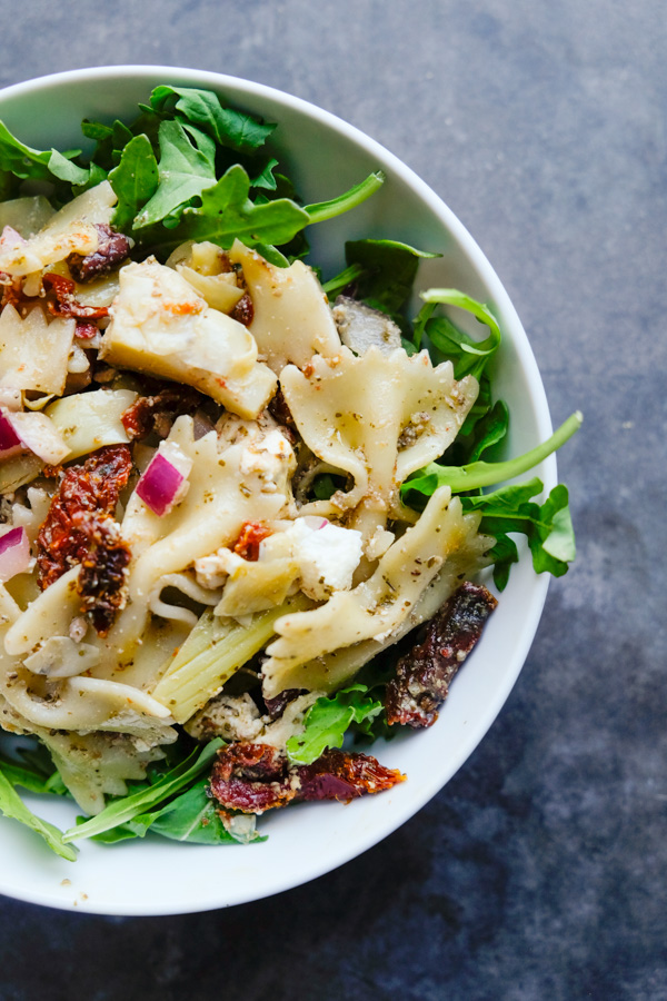 Mediterranean Pasta Salad is a weekly staple. Perfect for work lunches paired with extra greens. Find the recipe on Shutterbean.com