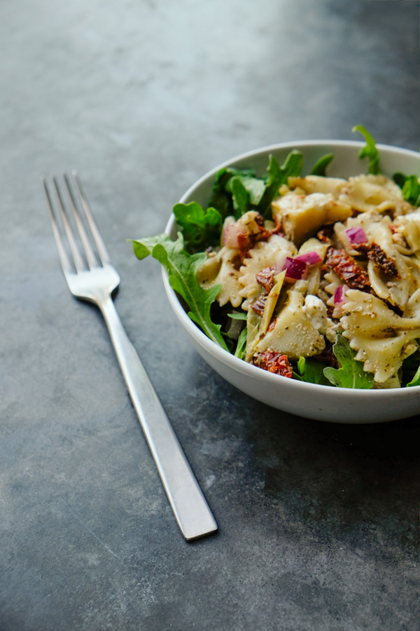 Mediterranean Pasta Salad is a weekly staple. Perfect for work lunches paired with extra greens. Find the recipe on Shutterbean.com