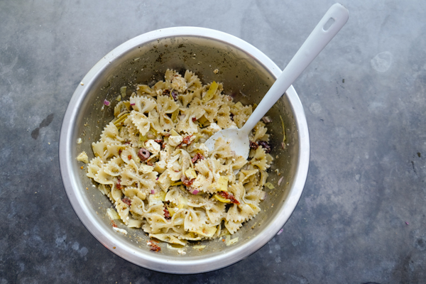 Mediterranean Pasta Salad is a weekly staple. Perfect for work lunches paired with extra greens. Find the recipe on Shutterbean.com