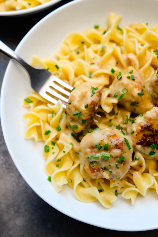 Meatballs Marsala with Buttered Egg Noodles & Chives. Recipe from the new Smitten Kitchen Everyday Cookbook. Find the recipe on Shutterbean.com