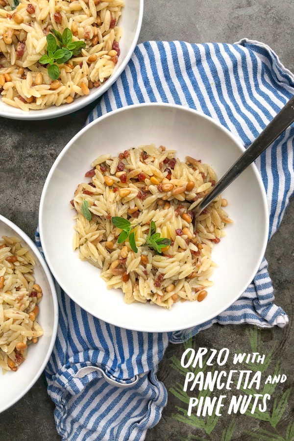 Orzo with Pancetta and Pine Nuts - a delicious/easy to prepare dinner! Find the recipe on Shutterbean.com