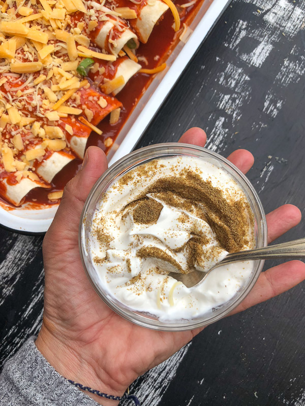 Chicken Enchiladas with Cumin Crema is a snap to put together. All you need is a rotisserie chicken! Find the recipe on Shutterbean.com