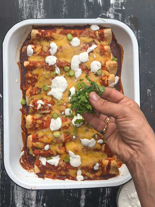 Chicken Enchiladas with Cumin Crema is a snap to put together. All you need is a rotisserie chicken! Find the recipe on Shutterbean.com