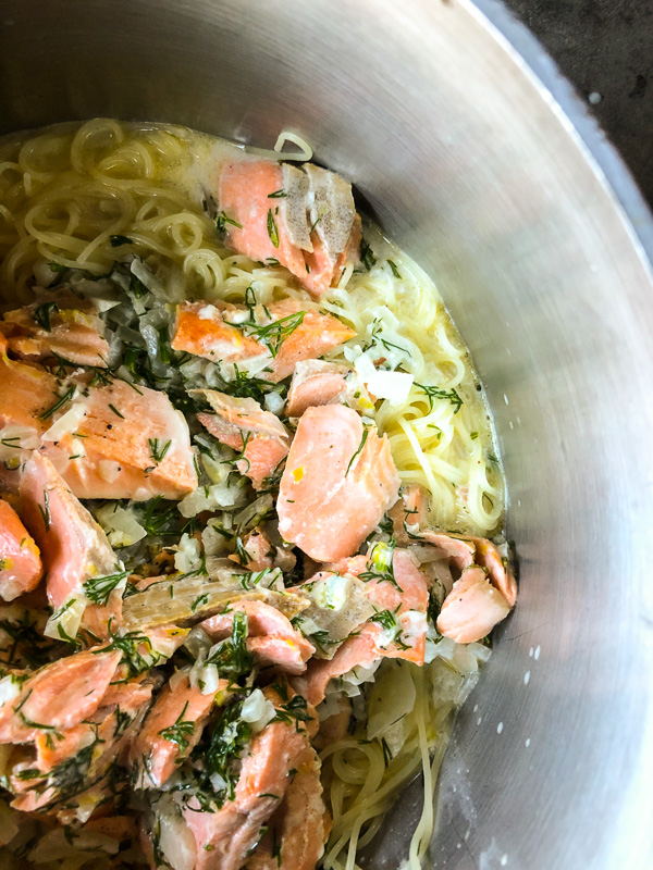 Lemon Dill Capellini with Salmon is a great light Summer dish. A great use for salmon leftovers. Find the recipe on Shutterbean.com