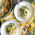 Creamy Goat Cheese and Spinach Pasta is a snap to put together on a weeknight. The sauce is made creamy with goat cheese and pasta water. Recipe on Shutterbean.com!