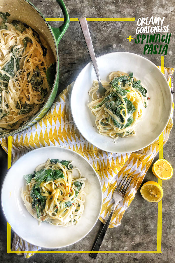 Creamy Goat Cheese and Spinach Pasta is a snap to put together on a weeknight. The sauce is made creamy with goat cheese and pasta water. Recipe on Shutterbean.com!