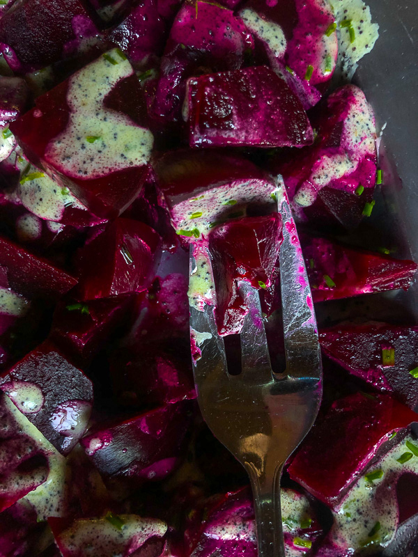 Beet Salad with Poppy Seed and Chive Dressing is a great addition to your Fall & Winter menu! Recipe on Shutterbean.com