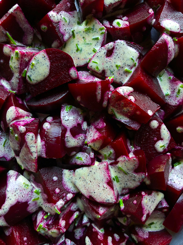 Beet Salad with Poppy Seed and Chive Dressing is a great addition to your Fall & Winter menu! Recipe on Shutterbean.com