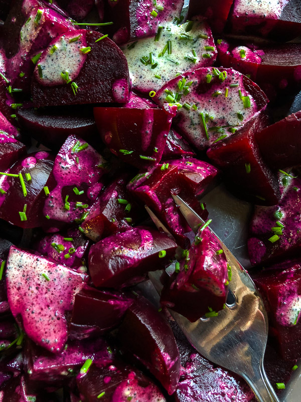 Beet Salad with Poppy Seed and Chive Dressing is a great addition to your Fall & Winter menu! Recipe on Shutterbean.com