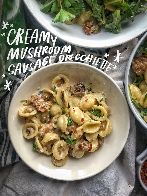 Creamy Mushroom Sausage Orecchiette is the ultimate comfort food. Make it for your guests! Find the recipe on Shutterbean.com