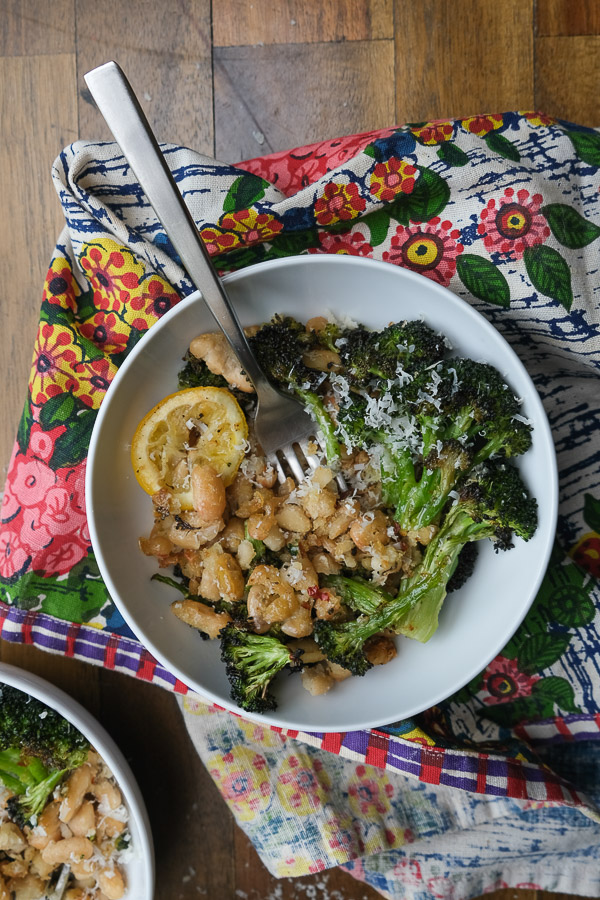 Need a quick/simple dinner? Make Roasted Broccoli with White Bean with Lemon. Put an egg on it! Recipe on Shutterbean.com!