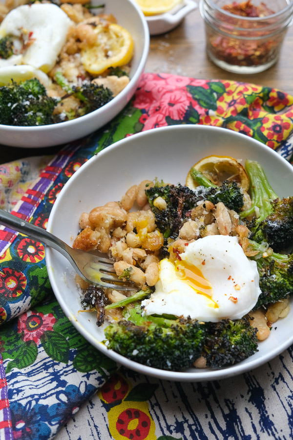 Need a quick/simple dinner? Make Roasted Broccoli with White Bean with Lemon. Put an egg on it! Recipe on Shutterbean.com!