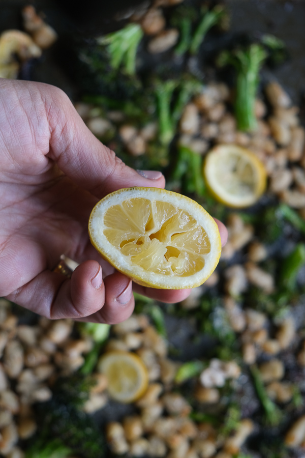 Need a quick/simple dinner? Make Roasted Broccoli with White Bean with Lemon. Put an egg on it! Recipe on Shutterbean.com!