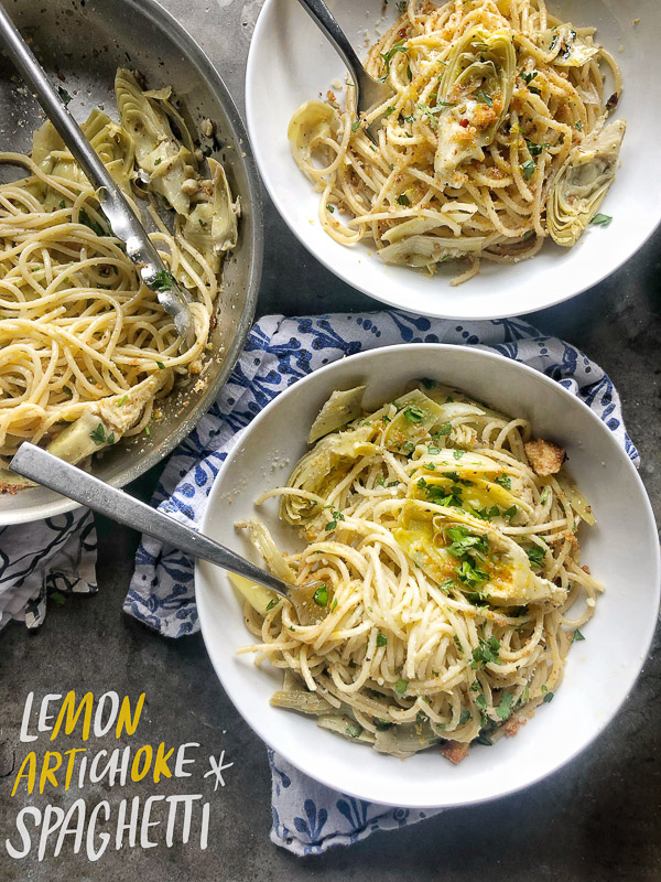 Lemon Artichoke Spaghetti with Bread Crumbs