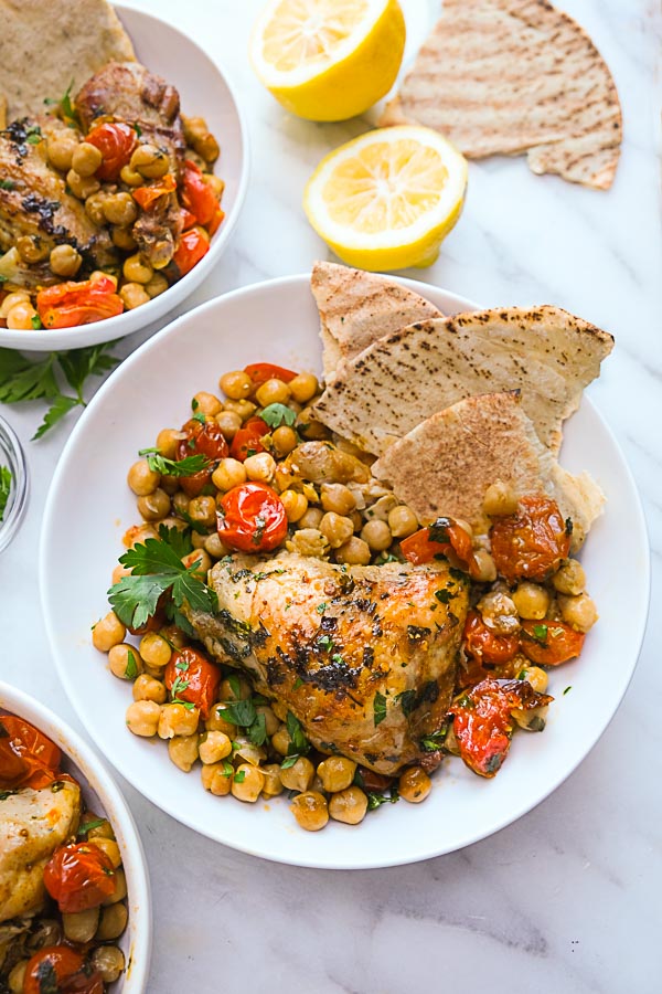 Spicy Chicken with Chickpeas is an easy dinner to pull together on a weeknight. Find this healthy recipe on Shutterbean.com