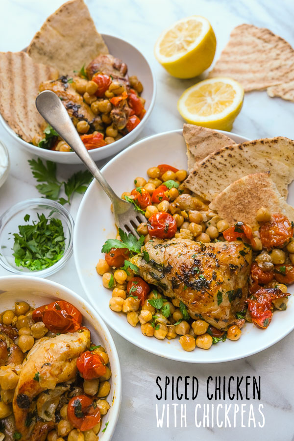 Spicy Chicken with Chickpeas is an easy dinner to pull together on a weeknight. Find this healthy recipe on Shutterbean.com