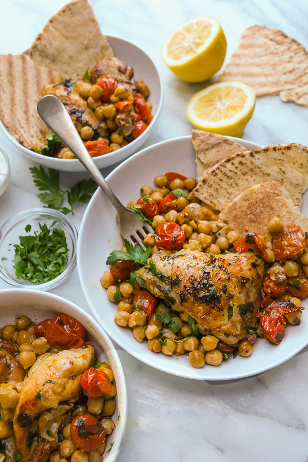 Spicy Chicken with Chickpeas is an easy dinner to pull together on a weeknight. Find this healthy recipe on Shutterbean.com