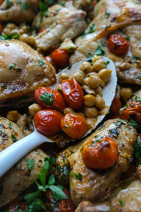 Spicy Chicken with Chickpeas is an easy dinner to pull together on a weeknight. Find this healthy recipe on Shutterbean.com