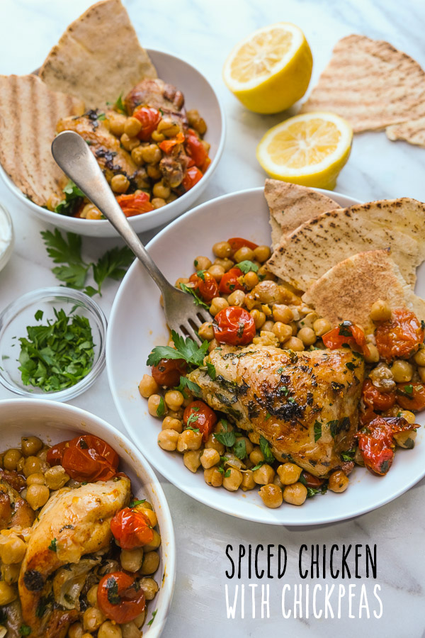 Spicy Chicken with Chickpeas is an easy dinner to pull together on a weeknight. Find this healthy recipe on Shutterbean.com