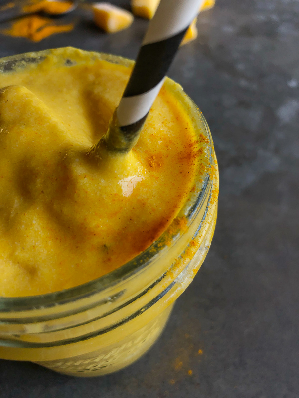 Mango Turmeric Smoothie is a great/healthy way to start the day. Coconut milk is the base, making it completely vegan! Find the recipe on Shutterbean.com