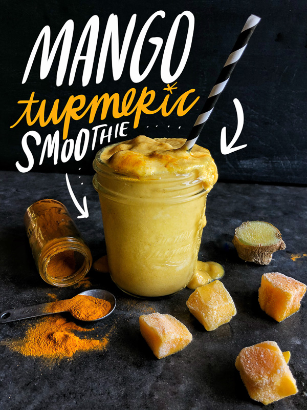 Mango Turmeric Smoothie is a great/healthy way to start the day. Coconut milk is the base, making it completely vegan! Find the recipe on Shutterbean.com