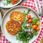 Sweet Corn Fritters with a salad makes for a healthy summer meal! Find the simple recipe on Shutterbean.com!