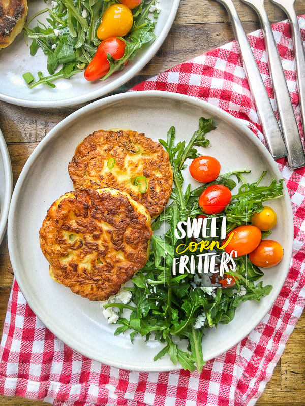 Sweet Corn Fritters with a salad makes for a healthy summer meal! Find the simple recipe on Shutterbean.com!