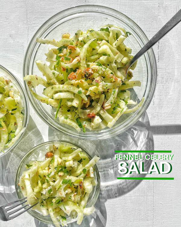 Fennel Celery Salad is a great salad for your meal prep. This crunchy salad holds up for days. Find the recipe on Shutterbean.com