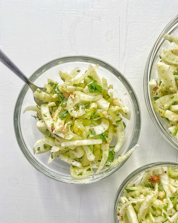 Fennel Celery Salad is a great salad for your meal prep. This crunchy salad holds up for days. Find the recipe on Shutterbean.com