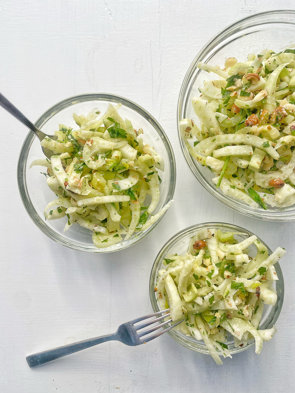 Fennel Celery Salad is a great salad for your meal prep. This crunchy salad holds up for days. Find the recipe on Shutterbean.com