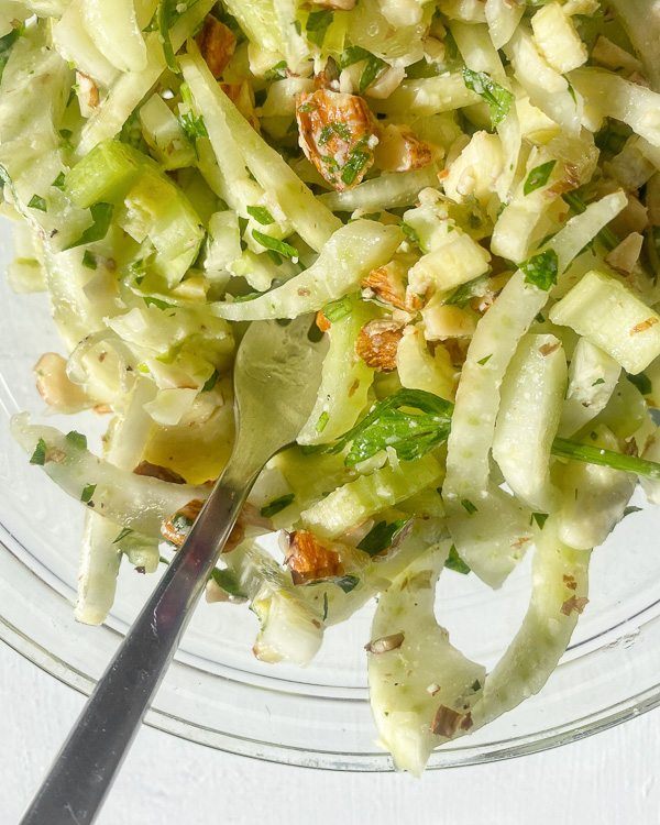 Fennel Celery Salad is a great salad for your meal prep. This crunchy salad holds up for days. Find the recipe on Shutterbean.com