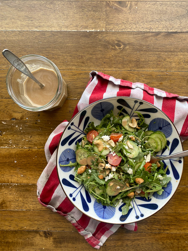 Creamy Balsamic Vinaigrette made creamy with soaked cashews. No oil and totally vegan. Find the recipe on Shutterbean.com