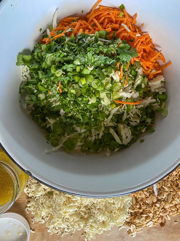 Crunchy Ramen and Cabbage Salad is a great way to get your vegetables in! Find the recipe on Shutterbean.com