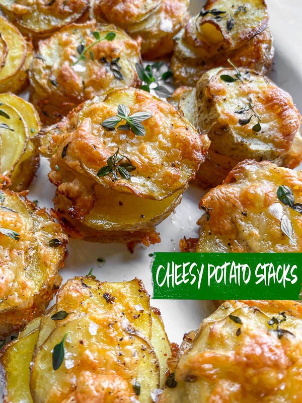 Cheesy Potato Stacks is a fun way to serve potatoes! Find the recipe on Shutterbean.com