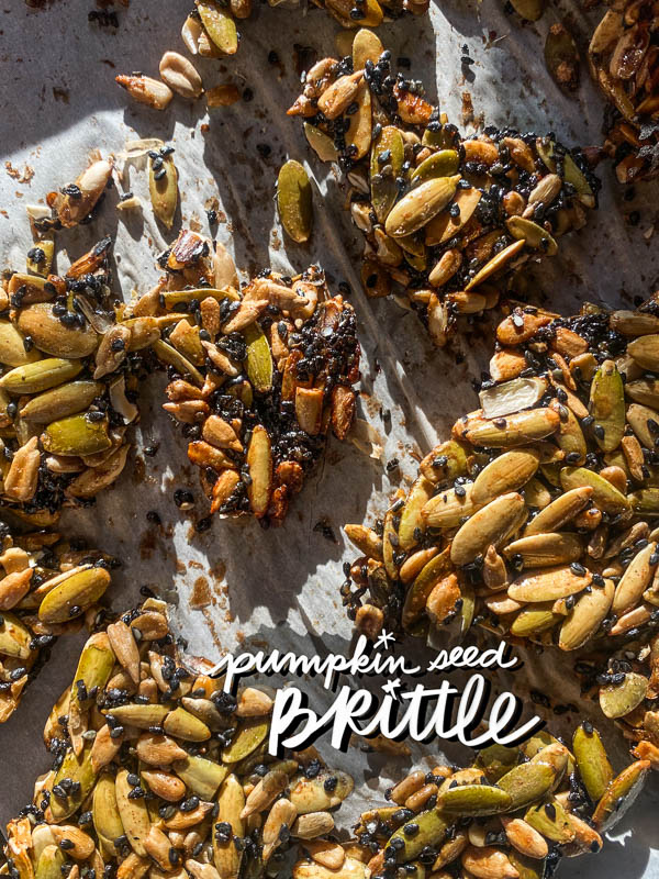 Pumpkin Seed Brittle to add to your cheese boards or homemade goodie bags! Find the recipe at Shutterbean.com