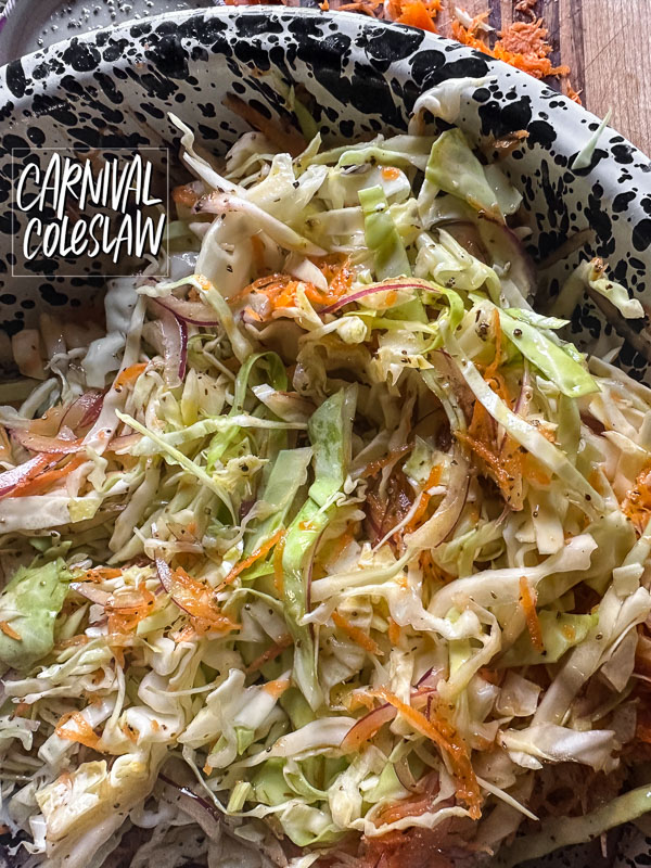 Carnival Coleslaw is sweet and tangy and flavored with celery seeds. Find the recipe on Shutterbean.com